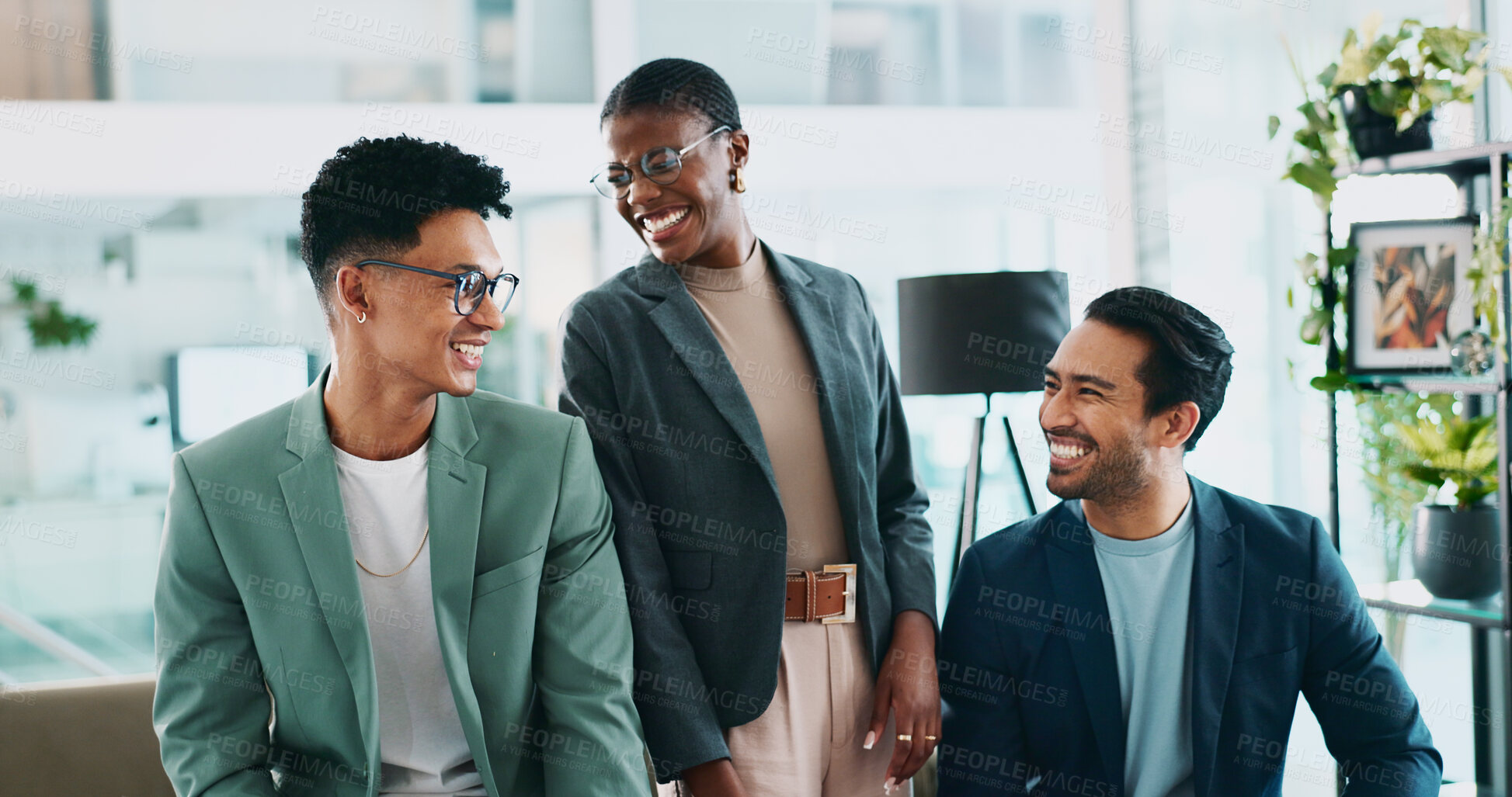 Buy stock photo Office, break and business people laughing with discussion for startup, planning and ideas session. Smile, colleagues and funny joke with conversation for career story, work opinion and collaboration