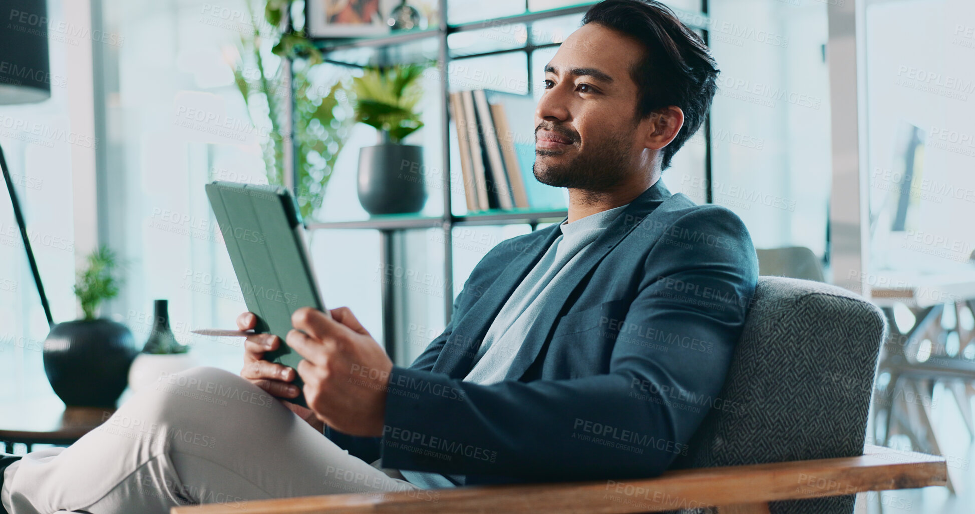 Buy stock photo Man, tablet and thinking in office for business, economy news and website for research. Trader, technology and ideas in workplace for investment options, finance management and information report