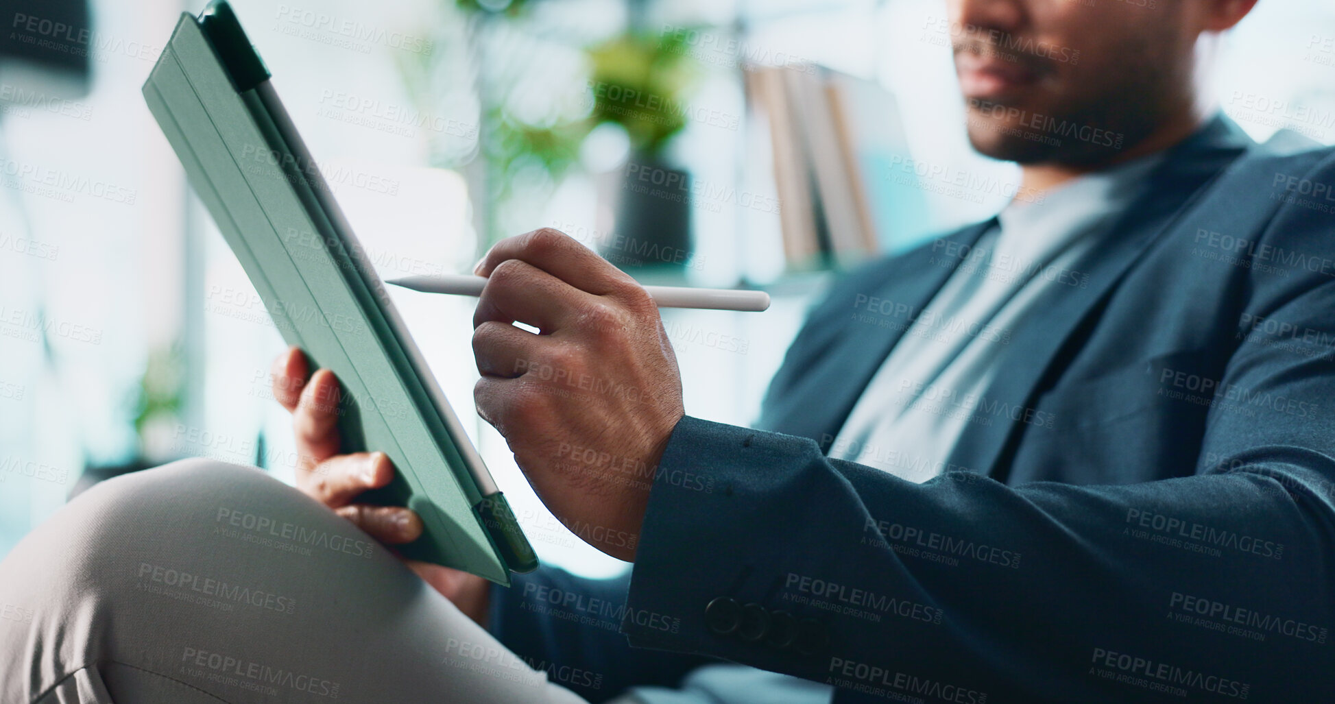 Buy stock photo Businessman, tablet and hands in office for email, economy update and website for research. Trader, tech and relax in workplace with schedule app, finance management and information report in agency