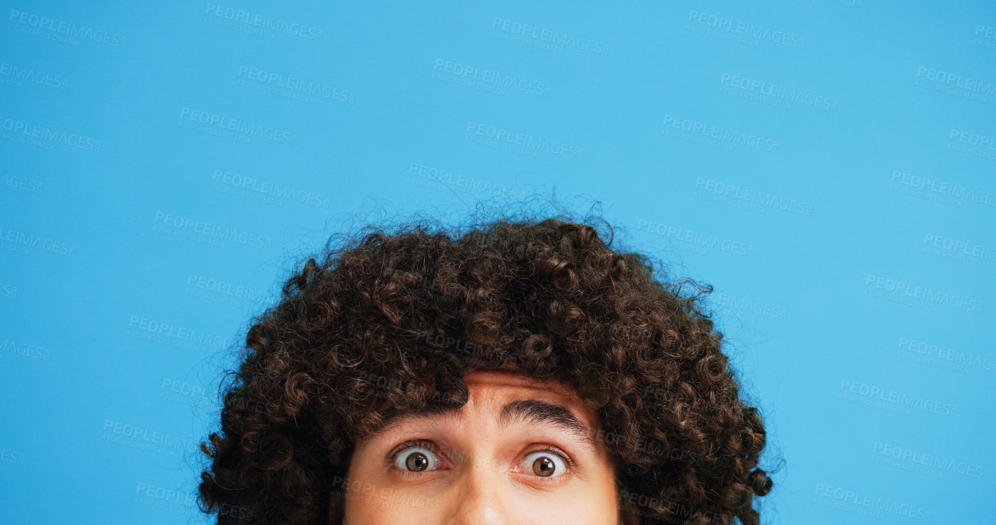 Buy stock photo Man, portrait and hair with shock or surprise on studio for news, announcement or alert on a blue background. Male person, model or OMG expression with afro or hairstyle for gossip on mockup space