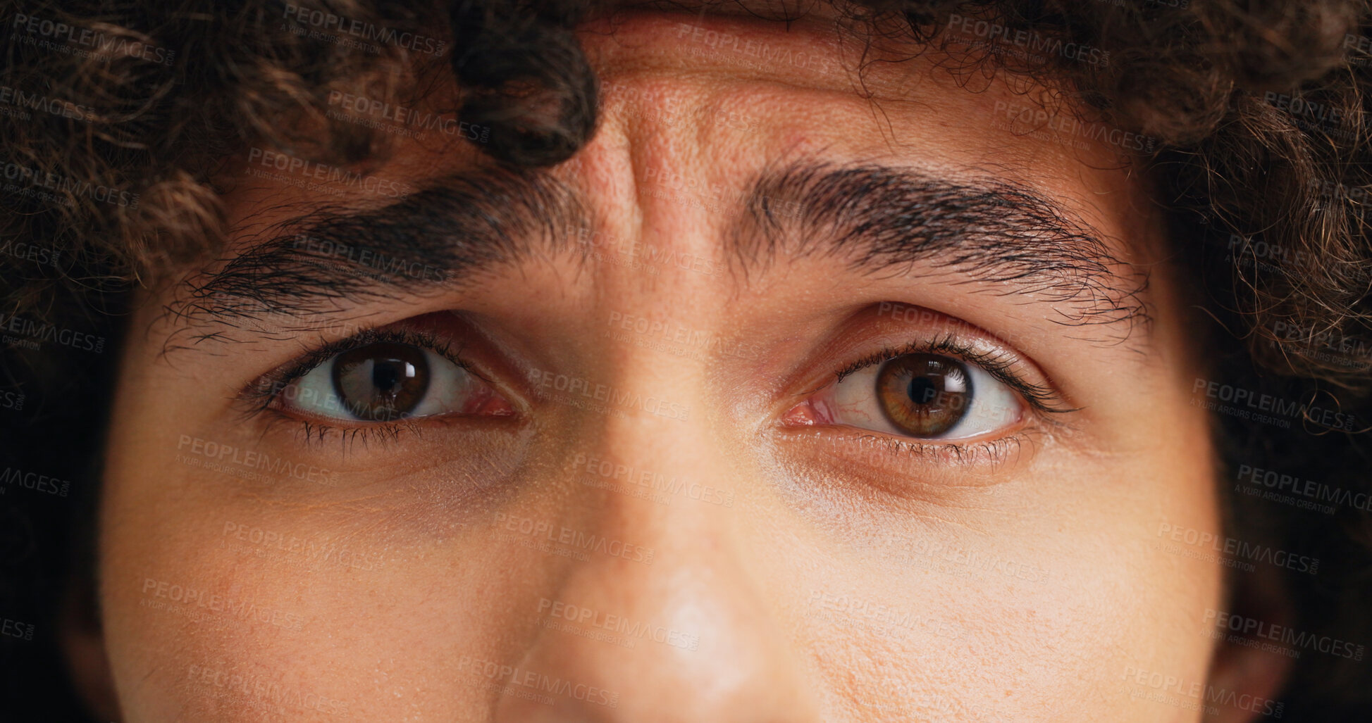 Buy stock photo Man, eyes and frown in portrait for vision, anxiety and concern for optometry in closeup. Person, face and stare with worry for eyesight, optical care and stress for retina wellness with doubt
