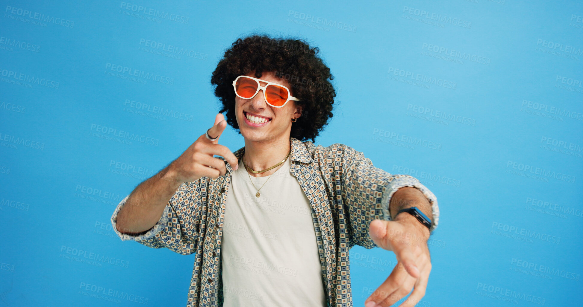 Buy stock photo Happy man, portrait and sunglasses with fashion or funky style on a blue studio background. Male person, hipster or young model with stylish shades or cool attitude for summer party or New Year mood