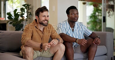 Buy stock photo Watching tv, men and friends with sports game, championship or match on sofa in home. Anticipation, fans and male people excited in living room for winning soccer or streaming football team at house