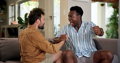 Buy stock photo Celebration, men and friends with sports game, championship or match on sofa in home. Happy, fans and male people cheering in living room for winning soccer or streaming football team at house
