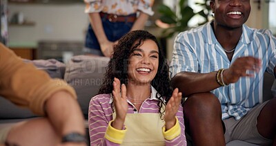 Buy stock photo Home, woman and applause with friends, watching tv or streaming online and goal for football team. Game tournament, happy people and cheering for weekend, supporters and fans for sport match