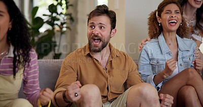 Buy stock photo Win, friends and people watching match at home for live, celebration and excited gesture on sofa. Diversity, man and women group together for entertainment, sport fans and support for game on tv 
