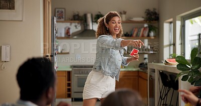 Buy stock photo Woman, guess game or excited in home with friends for challenge, fun and bonding together. Female person, playing pantomime and party for weekend, social gathering or activity in living room at house