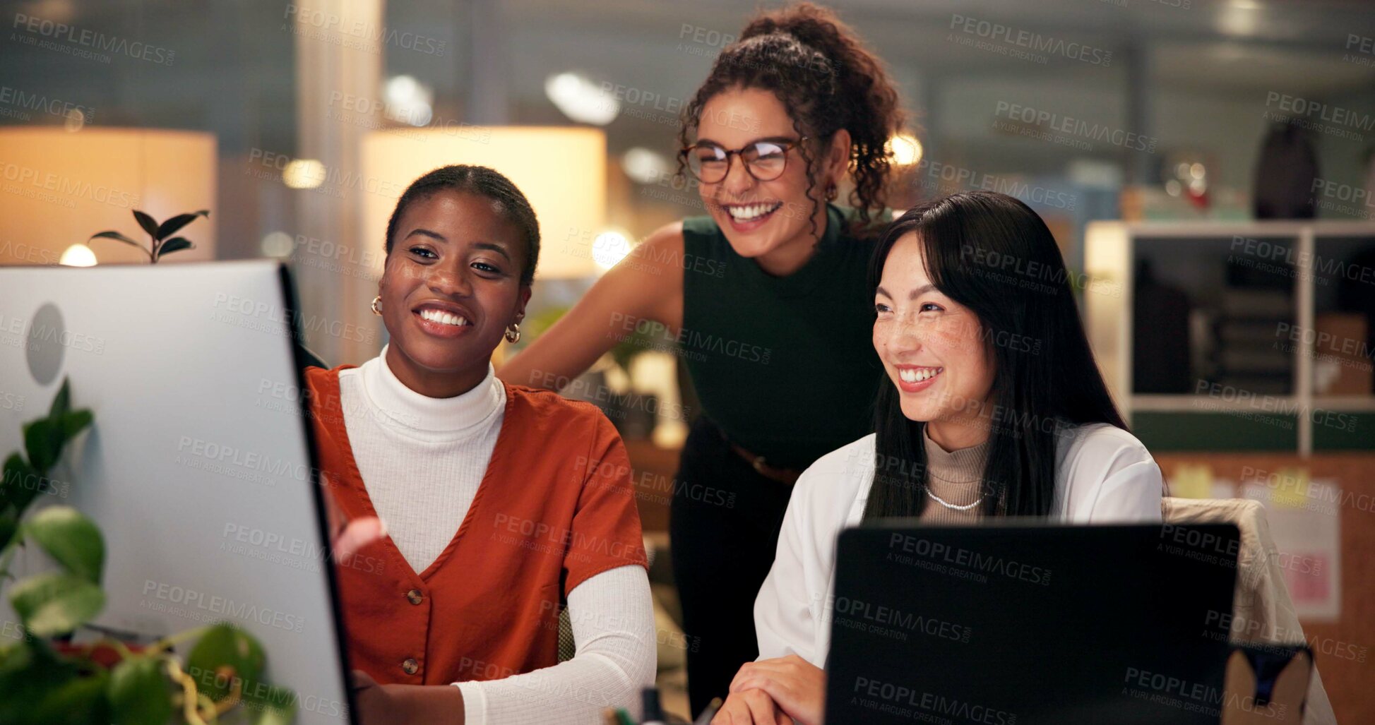 Buy stock photo Employees, computer and editing in office at night, magazine research and manager for helping staff. Women, publishing agency and online for cover design, talking and brainstorming and project plan