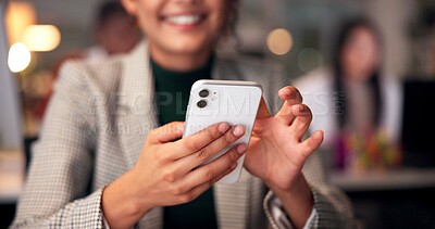 Buy stock photo Hands, phone and online with business woman in office for overtime, client communication and research. Happy, networking and feedback with closeup of person and mobile at night for connection