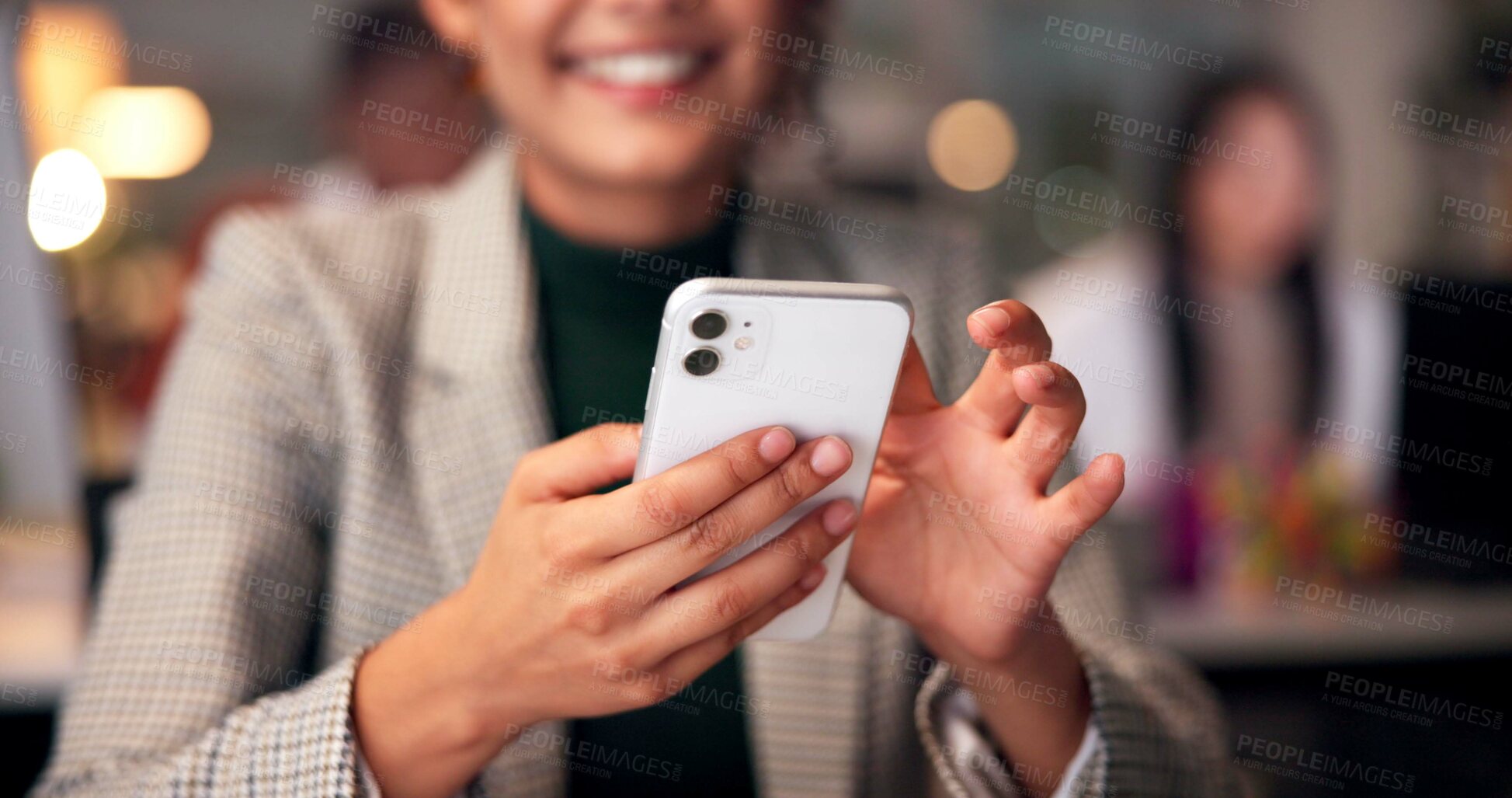 Buy stock photo Hands, phone and online with business woman in office for overtime, client communication and research. Happy, networking and feedback with closeup of person and mobile at night for connection