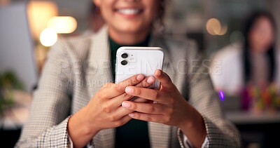 Buy stock photo Hands, phone and reading with business woman in office for overtime, target audience and prototype launch. Good news, success review and approval with person at night for customer feedback in startup