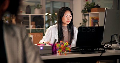 Buy stock photo Night, woman and laptop in office for web design, planning or software development in coworking space. Programmer, deadline or tech in digital agency for schedule, research and developer for coding