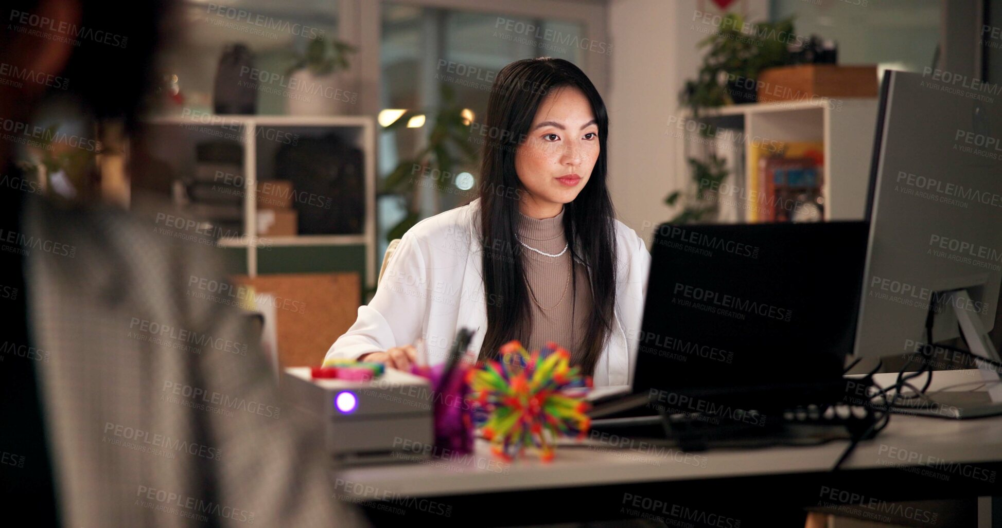 Buy stock photo Night, woman and laptop in office for web design, planning or software development in coworking space. Programmer, deadline or tech in digital agency for schedule, research and developer for coding