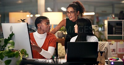 Buy stock photo Employees, computer and planning in office at night, magazine editor and manager for helping staff. Women, publishing agency and online for cover design, talking and brainstorming and project ideas