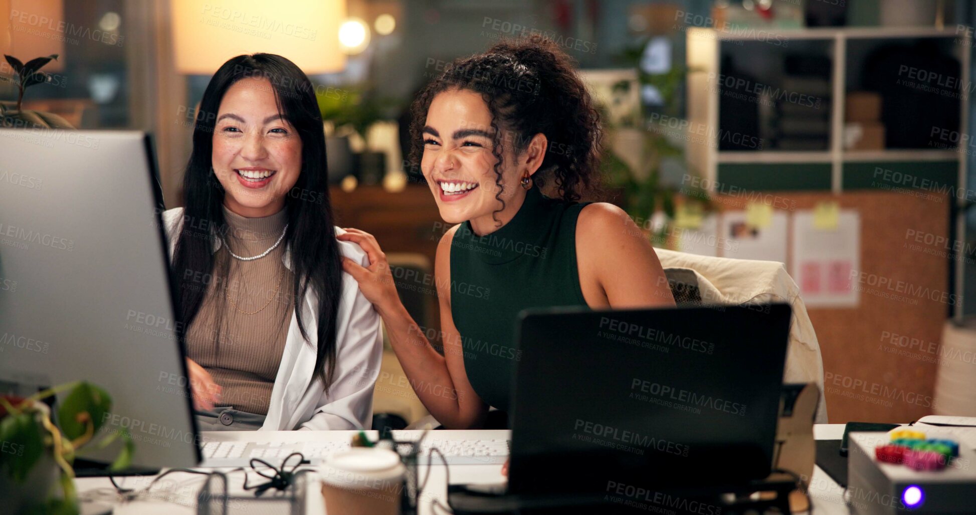 Buy stock photo Employees, computer and collaboration in office at night, magazine editor and manager for helping. Women, publishing agency and online for cover design, talking and brainstorming and project plan