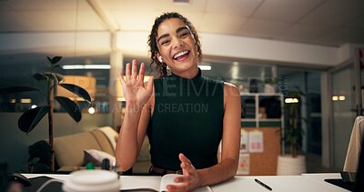 Buy stock photo Business woman, portrait and night with wave for video call, online conference or webinar at office desk. Female person, tutor or virtual assistant working late in POV with smile for communication