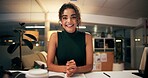 Happy woman, portrait or night with video call for consulting, online conference or webinar at office desk. Face, female person or company agent in POV for virtual workshop, chat or talk at workplace