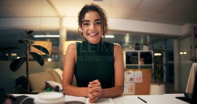 Buy stock photo Happy woman, portrait or night with video call for consulting, online conference or webinar at office desk. Face, female person or company agent in POV for virtual workshop, chat or talk at workplace