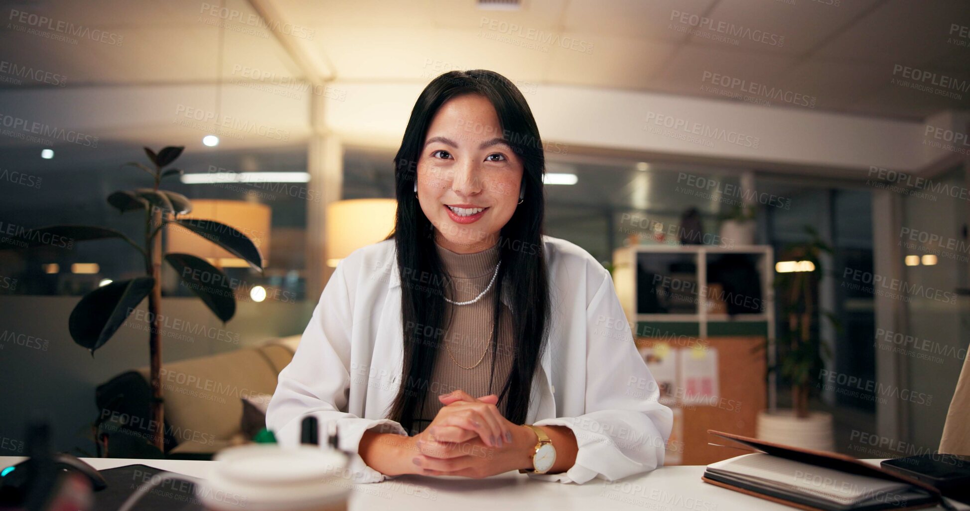 Buy stock photo Asian woman, portrait or night with video call for webinar, online conference or workshop at office desk. Face, female person or journalist in POV for virtual class, seminar or late business course