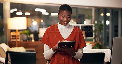 Buy stock photo Tablet, research and typing with business black woman in office for public relation campaign, overtime and reading. Press release, deadline and seo web traffic with person in media agency at night