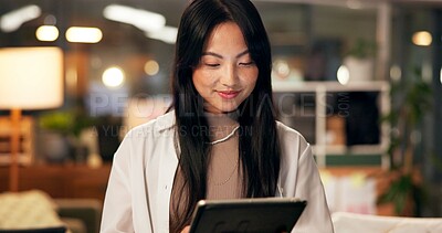 Buy stock photo Tablet, research and planning with business Asian woman in office for public relation campaign, overtime and reading. Press release, deadline and news update with person in media agency at night