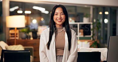 Buy stock photo Smile, portrait and business woman in office with confidence, night and journalism career. Happy, professional and copywriter employee with positive attitude for creative job promotion at workplace