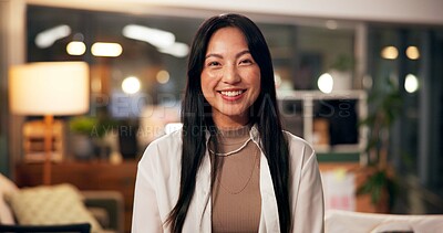 Buy stock photo Happy, portrait and business woman in office with confidence, night and journalism career. Copywriter, professional and Asian employee with positive attitude for creative job promotion at workplace