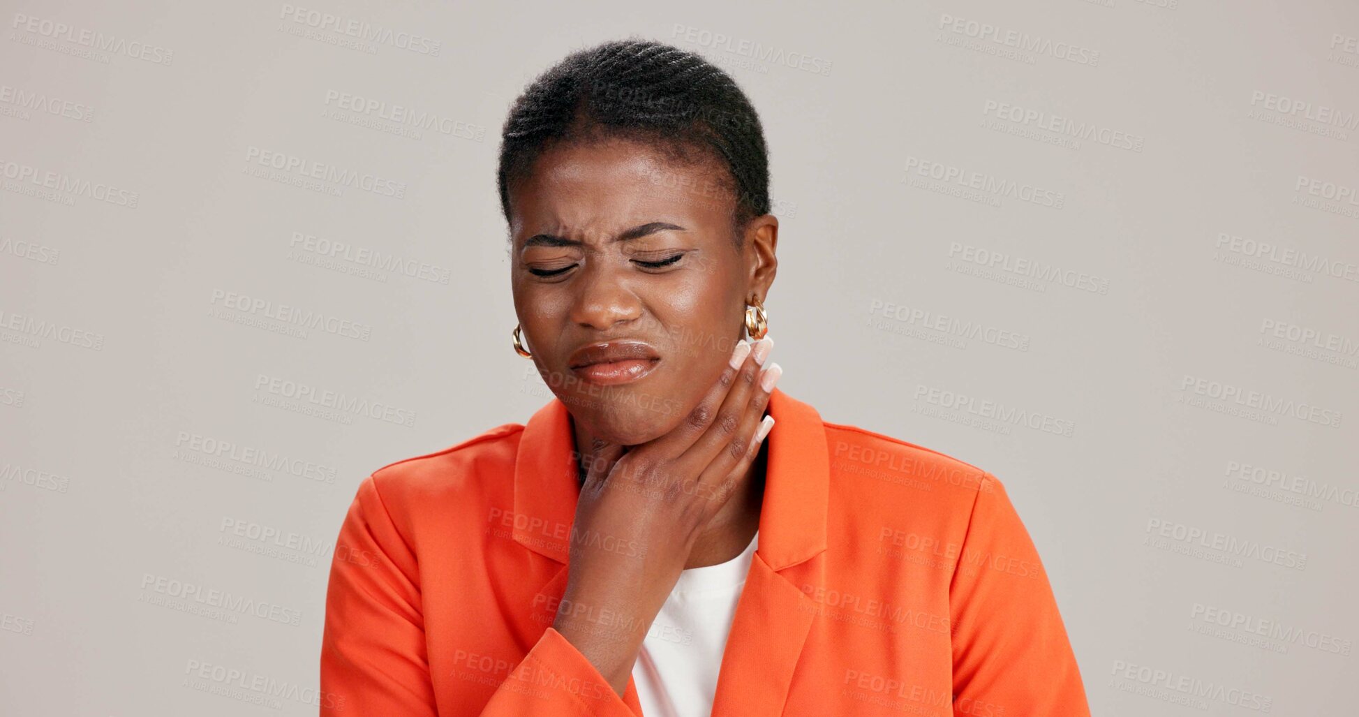 Buy stock photo Virus, sick and black woman with pain, sore throat and swallow difficulty or infection in studio. Health, African person and emergency for tonsillitis, swollen gland or influenza on white background