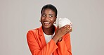 Business, piggy bank or black woman in studio with smile, budget planning or financial aid for startup. Entrepreneur, money box and happy on white background for investment return, funding or savings