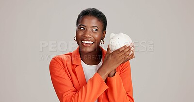 Buy stock photo Business, piggy bank or black woman in studio with smile, budget planning or financial aid for startup. Entrepreneur, money box and happy on white background for investment return, funding or savings