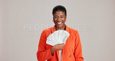 Buy stock photo Black woman, money fan or happy for business with portrait, profit or startup success in studio. Entrepreneur, cash or excited on white background space for financial aid, investment return or wealth