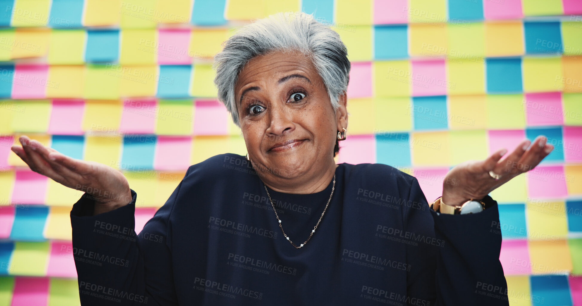 Buy stock photo Reminder, shrug and portrait of business woman in studio for choice, confused and solution. Sticky note, comparison and decision with mature person on background for scale, memo and puzzled