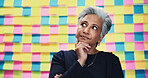 Creative, sticky notes and business woman with thinking for problem solving, project ideas and ceo. Studio, female person and mature designer with thoughts for planning, solution and brainstorming 