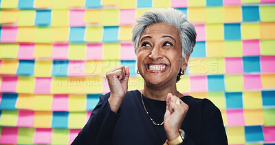 Buy stock photo Success, memo and excited with business woman in studio for announcement, scrum and startup idea. Winner, sticky note and promotion with mature employee on background for good news and approval