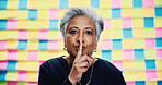 Sticky note, secret and portrait of business woman in studio for privacy policy, copyright patent and reminder. Security breach, confidential information and memo with mature person on background