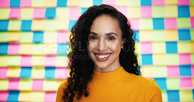 Buy stock photo Woman, portrait and happy in office for planning, creative agenda and career pride. Designer, small business and sticky notes in agency for project management, startup development and confidence