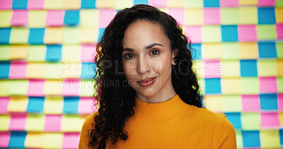 Buy stock photo Smile, scrum and portrait of business woman in studio for brainstorming, startup and solution. Idea, agenda and schedule with person on background for sticky note, planning and moodboard pride