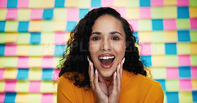 Buy stock photo Happy woman, portrait and colorful background with shock for prize, winning or promotion in studio. Face, female person or model with smile in surprise for good news, achievement or amazing offer