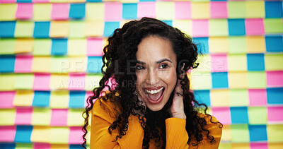 Buy stock photo Happy woman, surprise and winning with colorful background for prize, good news or promotion in studio. Excited, female person or model with smile in celebration for victory, deal or new opportunity