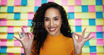 Buy stock photo Woman, portrait and ok sign with smile for project management, creative planning and go ahead in office. Designer, happy and approval emoji at sticky notes for achievement, agreement and development