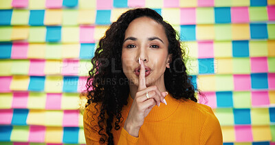 Buy stock photo Secret, silence and portrait of business woman in studio for privacy policy, copyright patent and reminder. Security breach, confidential information and sticky note memo with person on background