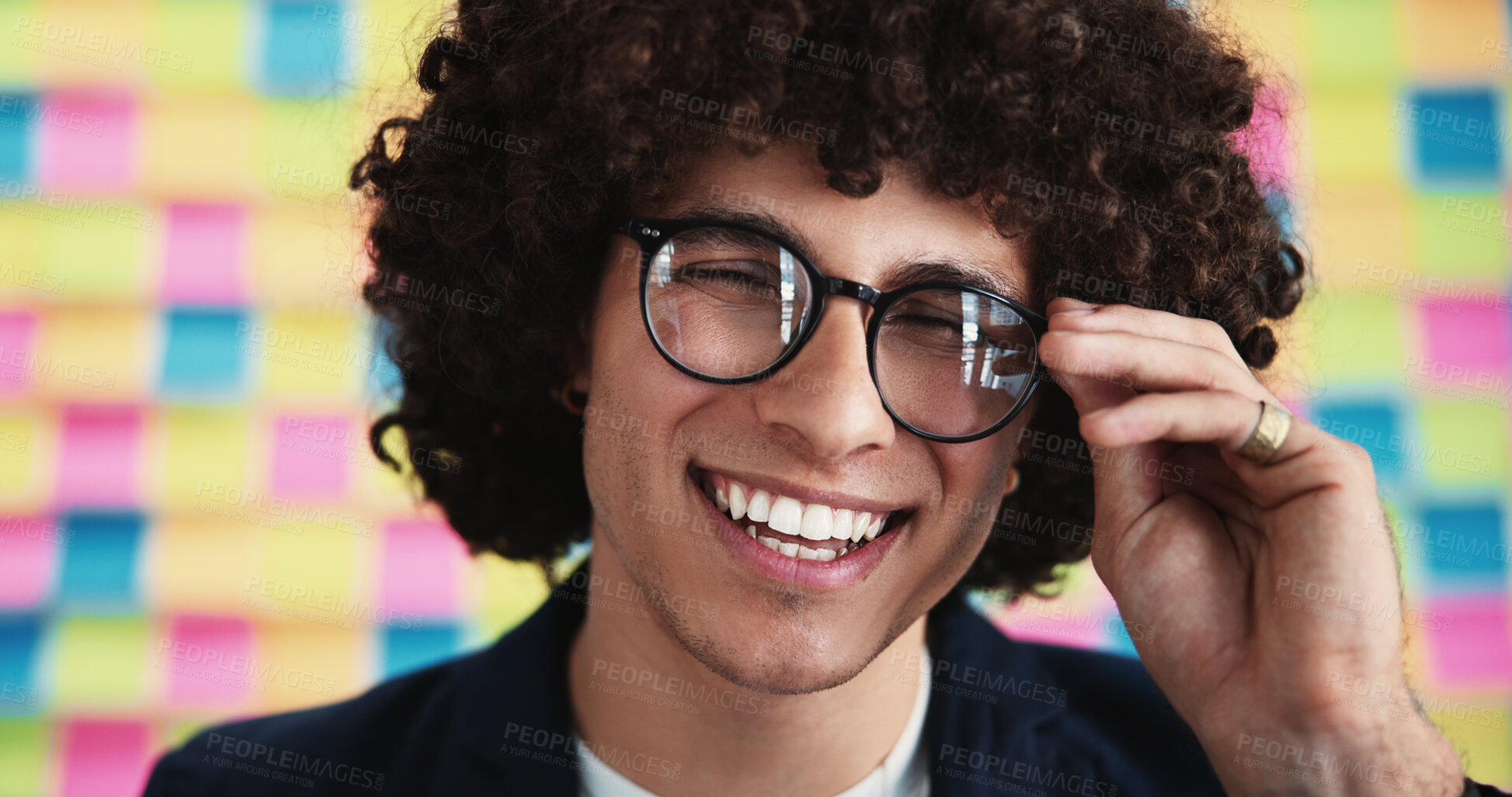 Buy stock photo Man, happy and glasses in office for planning, opportunity and agenda on creative moodboard. Designer, smile and vision at sticky notes with timeline, calendar update and pride for project management