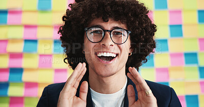 Buy stock photo Business man, smile and notes on wall in office for announcement, shout or news at media company. Person, writer and excited with voice, happy and portrait at startup creative agency in Colombia