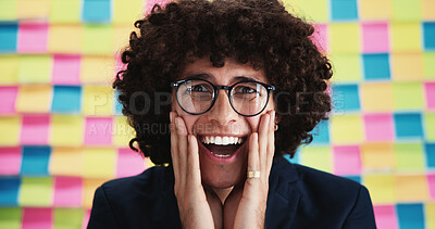 Buy stock photo Man, surprise or portrait in office for planning, creative feedback or excited for project opportunity. Designer, glasses or moodboard at sticky notes with wow, announcement and reaction to good news