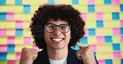 Buy stock photo Happy man, glasses and fists in office for success, planning campaign and creative opportunity in portrait. Designer, vision or excited at sticky notes for project achievement, calendar or career win