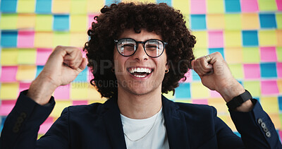 Buy stock photo Happy man, glasses and fists in office for achievement, planning campaign and creative opportunity in portrait. Designer, vision or excited at sticky notes for project success, calendar or career win