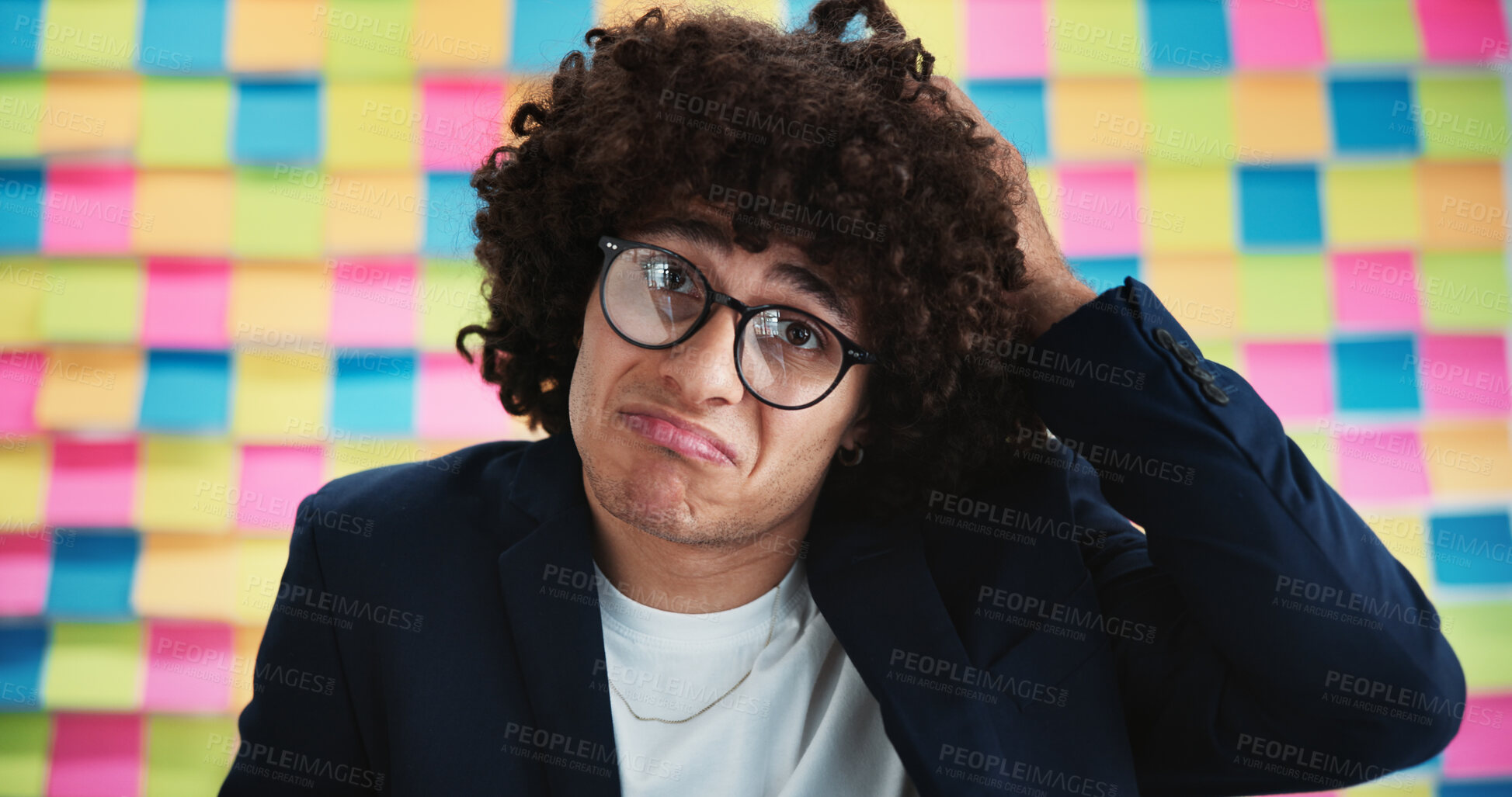 Buy stock photo Man, portrait or confused in office with scratch, timeline or planning creativity with doubt. Designer, glasses or clueless at sticky notes for agenda, missed meeting or questions of project schedule