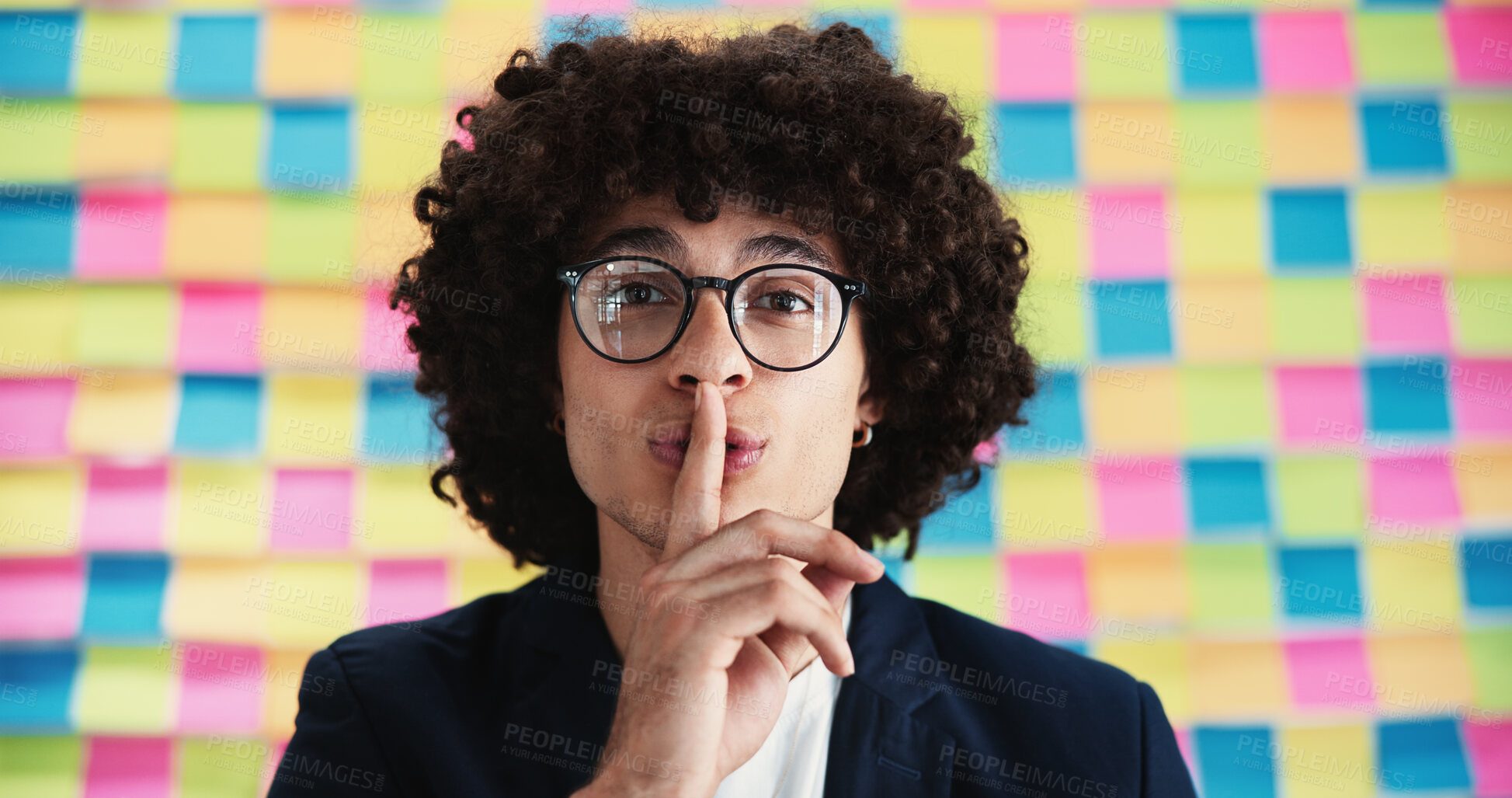 Buy stock photo Silence, secret and portrait of business man in studio for privacy policy, copyright patent and reminder. Security breach, confidential information and sticky note memo with person on background