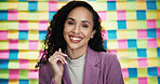 Happy woman, creative and portrait with colorful background for career, job or design in studio. Female person, designer or model with smile or textile for company startup, art or business creativity