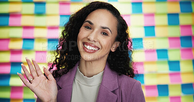 Buy stock photo Happy woman, portrait and wave in office for video call, introduction and welcome for design webinar. Creative person, smile and hello at sticky notes for online meeting, POV and calendar schedule